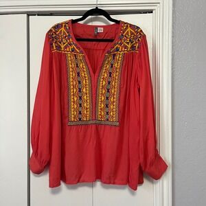 Anu‎ Red Embroidered V Neck Long Sleeve Tunic Top Women Size L